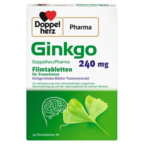 Abbildung der Produktverpackung DoppelherzPharma Ginkgo DoppelherzPharma 240 mg Filmtabletten Frontansicht